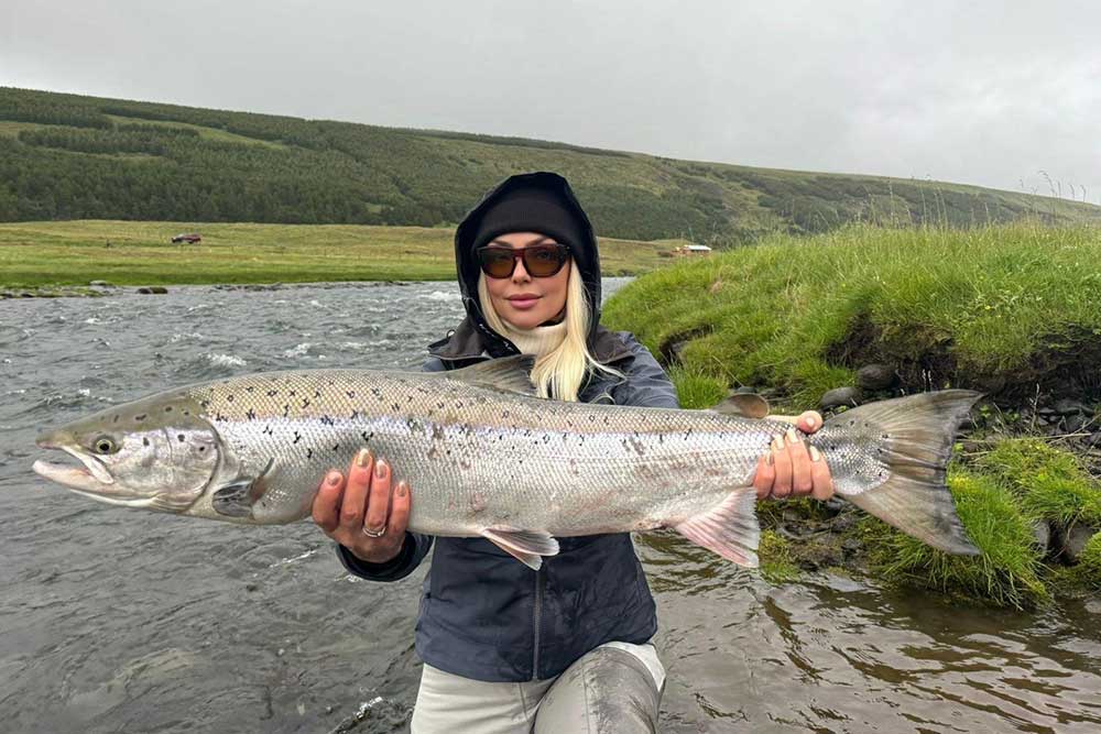 iceland-long-valley-lodge-10 A person wearing sunglasses and a hooded jacket holds a large fish by the Blanda River, known for fly fishing in Iceland, with grassy banks and green hills in the background under a cloudy sky. | Belize River Lodge Guided Fishing Trips | Wildside Adventures Travel