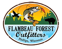 Oval logo for Flambeau Forest Outfitters, Phillips, Wisconsin, featuring a jumping fish, a flying bird, a bear, trees, and a fishing lure against a sunset background. | Belize River Lodge Guided Fishing Trips | Wildside Adventures Travel