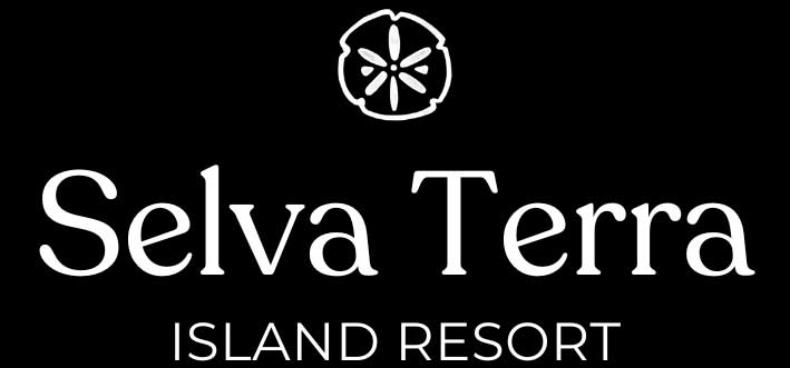 White Selva Terra Island Resort logo on a black background, featuring a stylized sand dollar graphic above the words Selva Terra and ISLAND RESORT in capital letters below. | Belize River Lodge Guided Fishing Trips | Wildside Adventures Travel